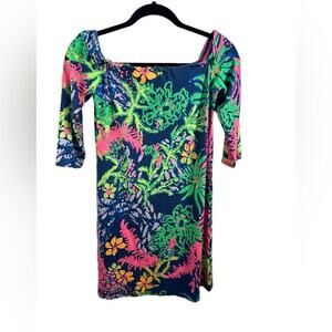 Lilly Pulitzer Laurana Off the Shoulder‎ Indigo Colorful Preppy Dress